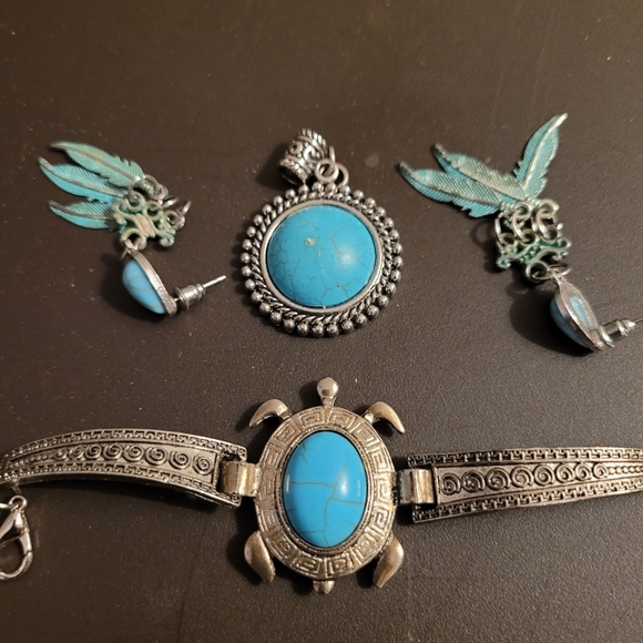 Bohemian Turquoise and Silver accent Bracelet, Earrings and Charm Set - Picture 2 of 11